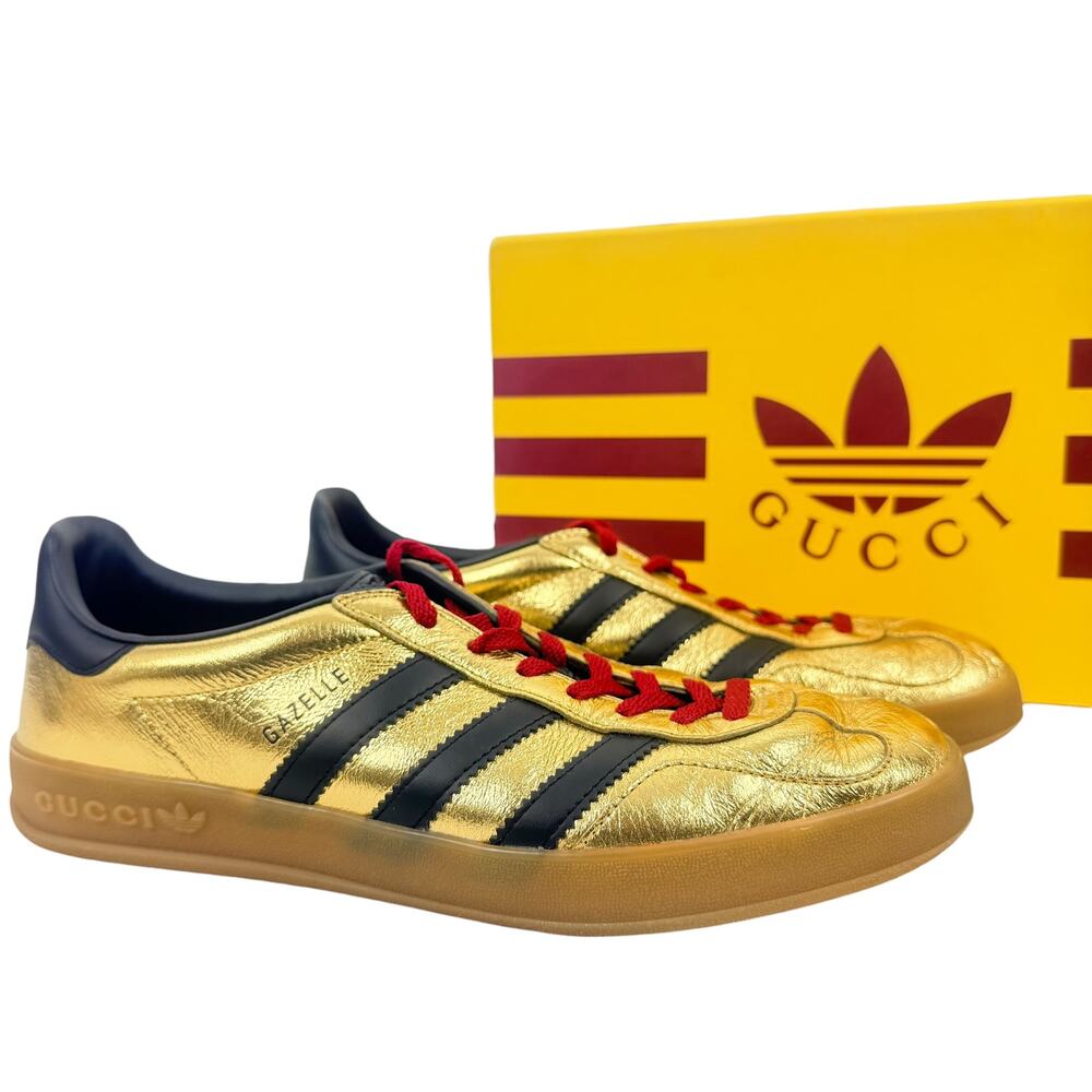 Gucci X Adidas Gazelle Metallic Lace Up Leather Sneakers Gold Size 9.5 - Picture 2 of 11